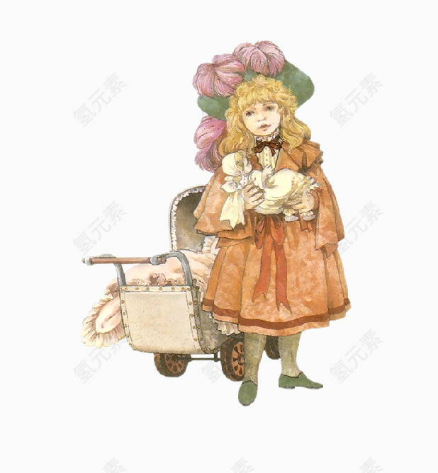 手绘妇女婴儿车