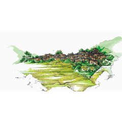 手绘画梯田乡村背景