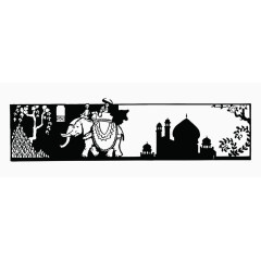 卡通手绘黑白中东建筑大象风景