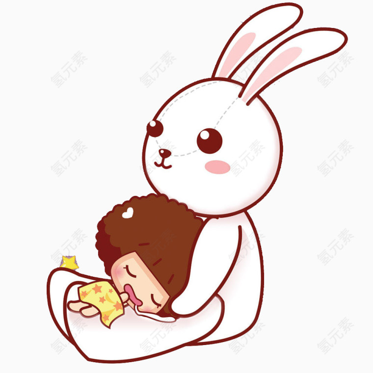 抱着睡觉小孩的兔子图案