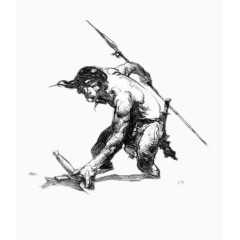 黑白插画持矛健壮男子