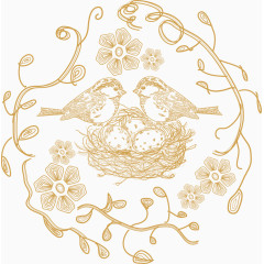 矢量黄色花小鸟及鸟窝