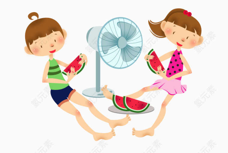 卡通手绘吃西瓜吹风扇孩子们