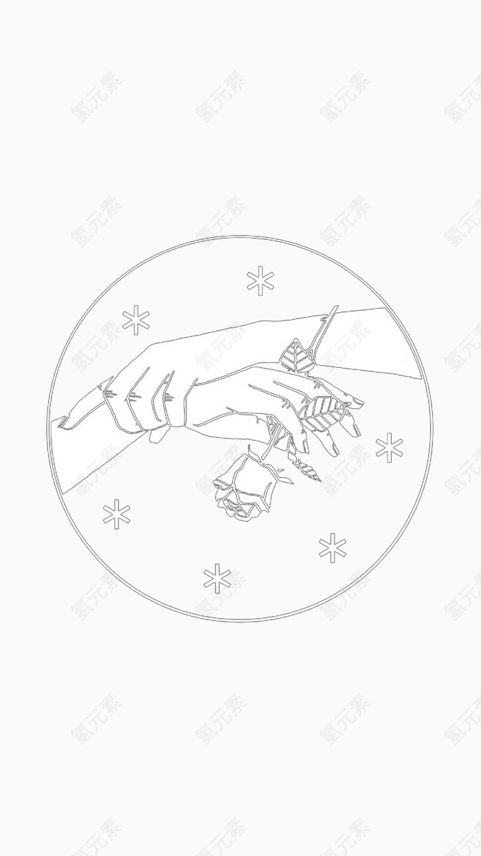 清新 手绘线稿手与玫瑰 情侣