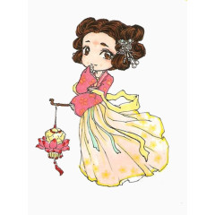 手绘古代漫画提花灯少女