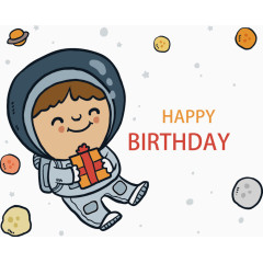 矢量手绘在太空穿着宇航服拿着礼物的小男孩