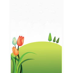 绿色草坡白云郁金香背景矢量图