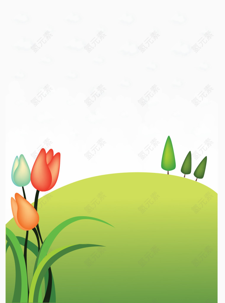 绿色草坡白云郁金香背景矢量图