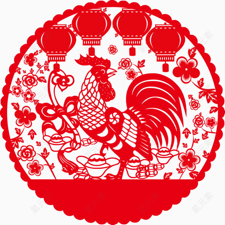 剪纸公鸡灯笼圆形矢量图