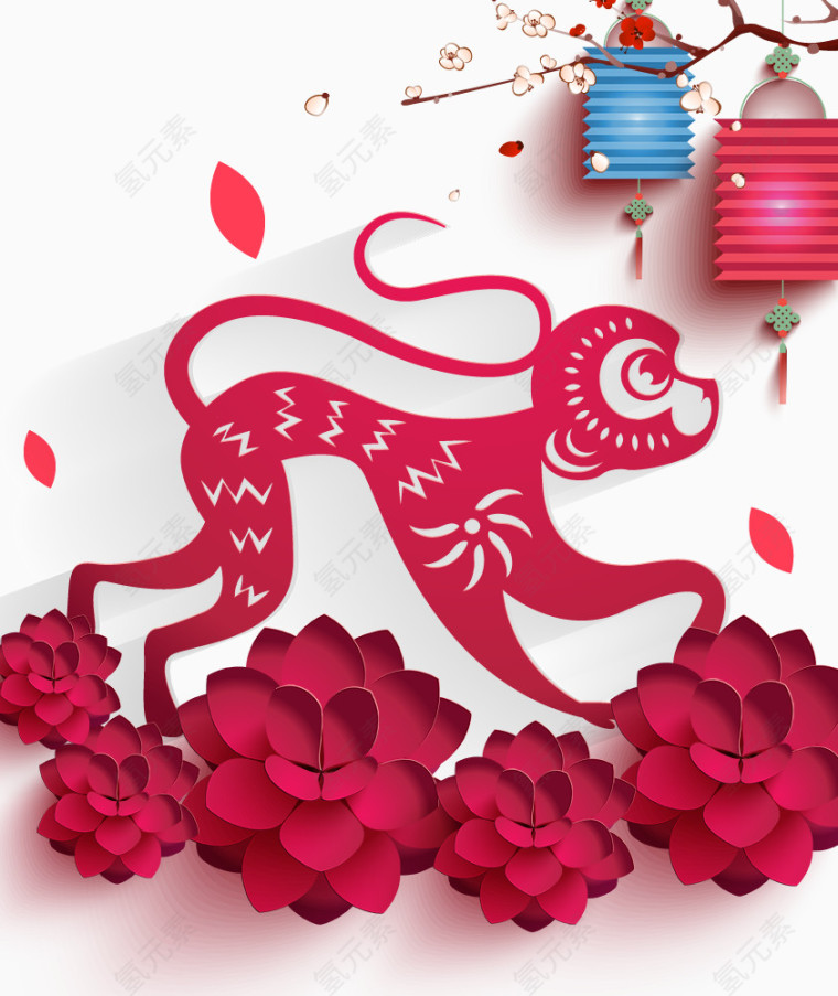 新春猴子灯笼剪纸画