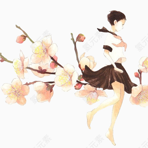 海棠花与女孩免抠素材