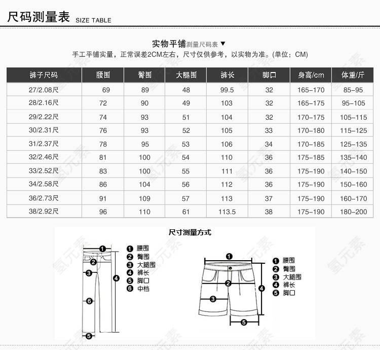 裤子尺码表