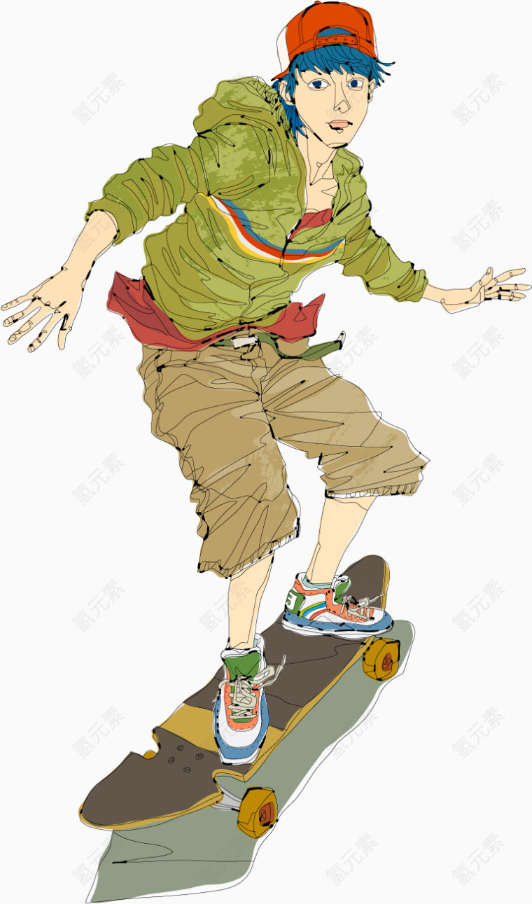 矢量手绘玩滑板的男孩