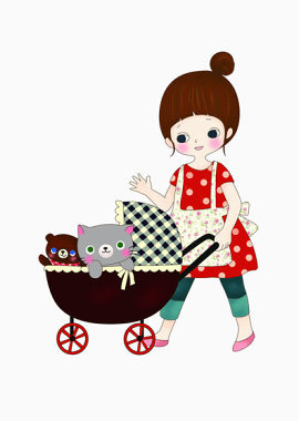 推着小推车的卡通女孩