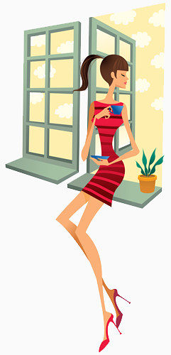 美女在窗户喝茶