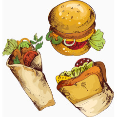 矢量快餐手绘汉堡三明治卷饼