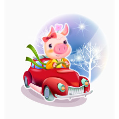 卡通红色可爱小猪开车