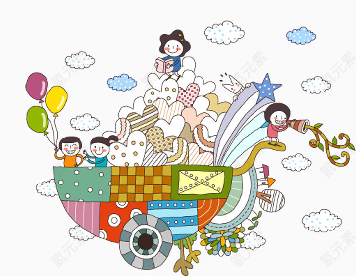 唯美卡通可爱小人车云朵气球