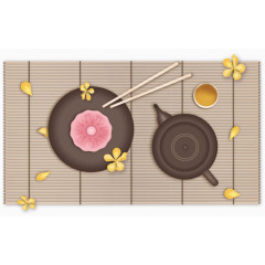 矢量手绘竹席上放着茶杯茶壶和月饼