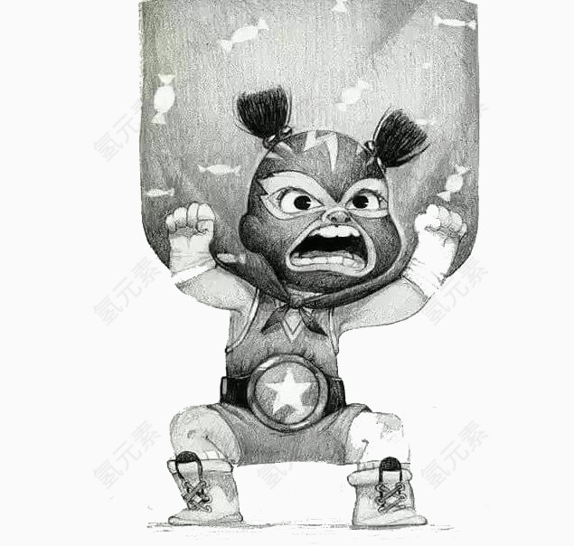 黑白插画男孩大力士