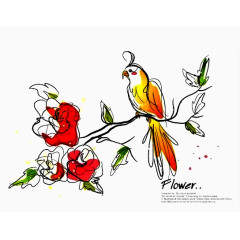 手绘花枝上的鹦鹉