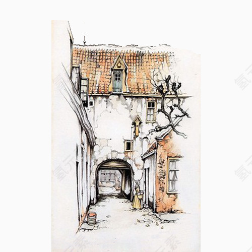 手绘欧式街道插画