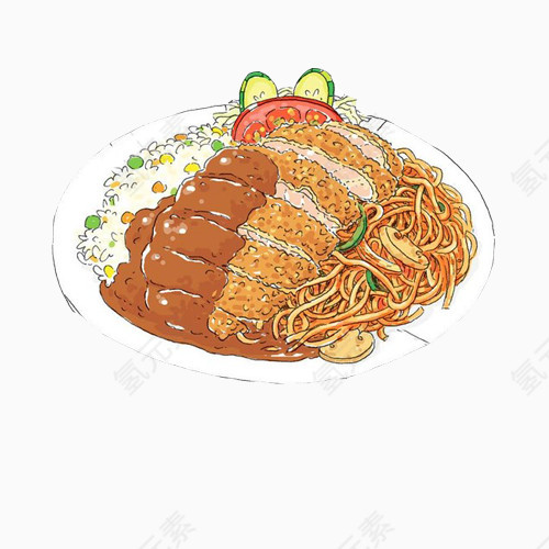 肉丝炒面手绘画素材图片