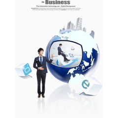 地球显示屏前的商务男士