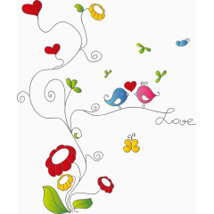 矢量花朵藤蔓上的小鸟