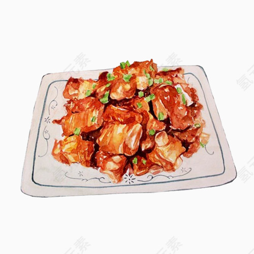 红烧猪肉片手绘画素材图片