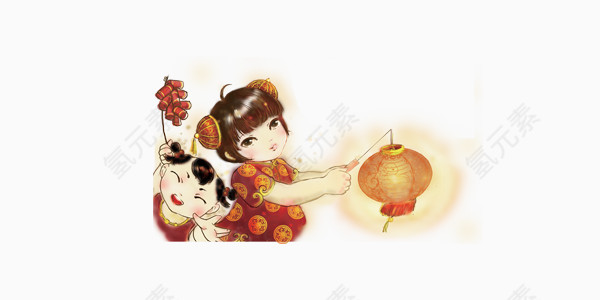 中国风喜庆福娃红色鞭炮灯笼