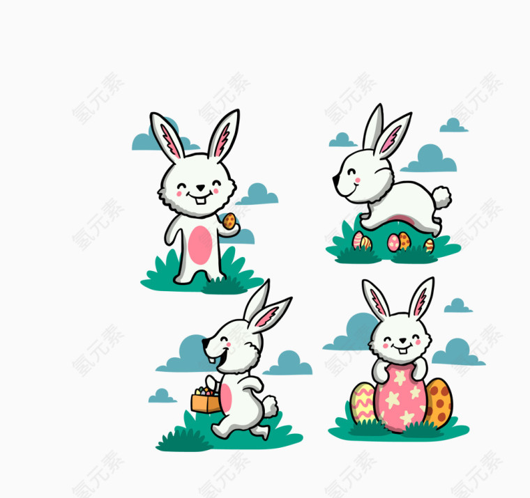 矢量彩色卡通小兔子可爱四款