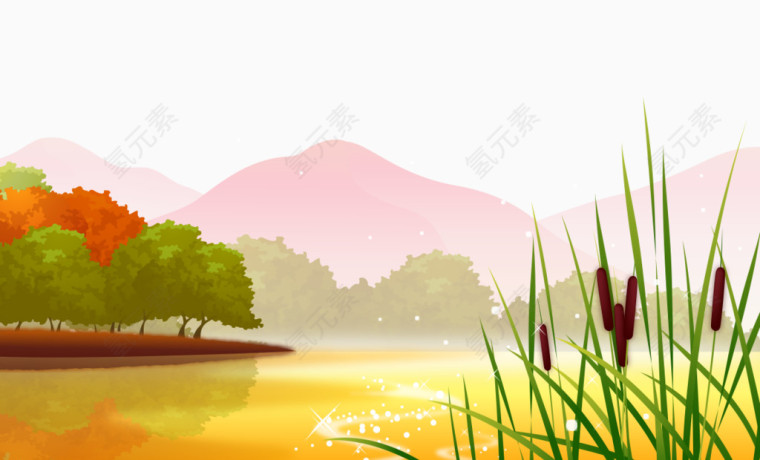 卡通手绘傍晚高山河流灌木树木