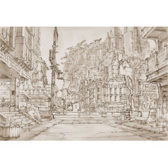 手绘街道建筑风景