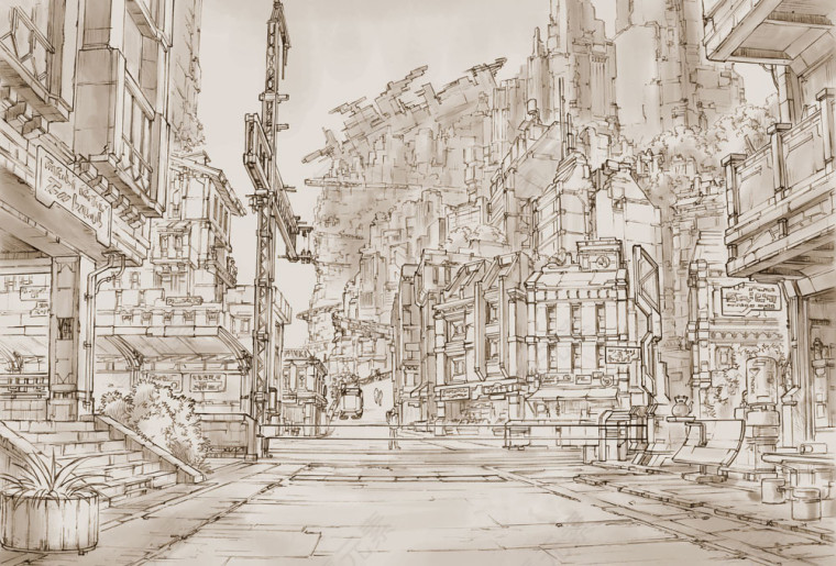 手绘街道建筑风景