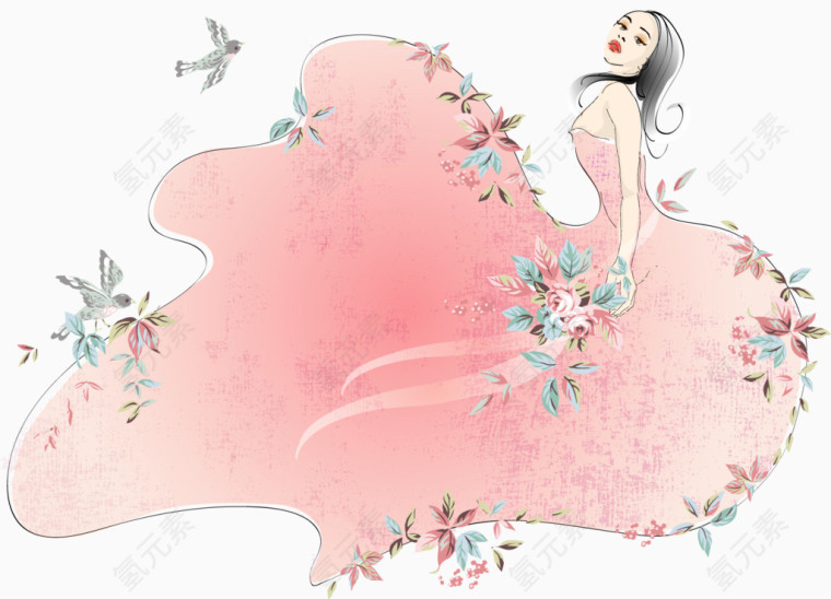 粉色婚纱的美丽女孩矢量图