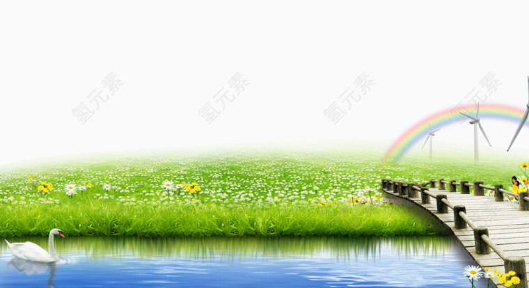 小河木桥草地背景素材