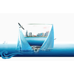 创意大海中的透明酒杯