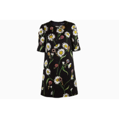 夏季圆领花朵图案黑色五分袖女士连衣裙