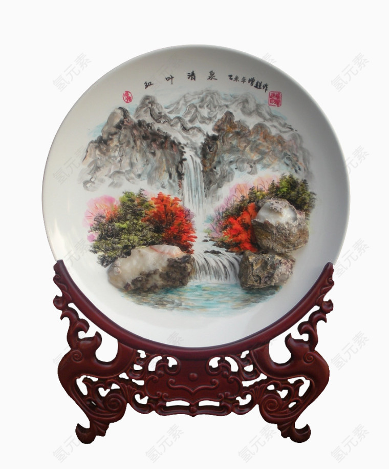 红叶清泉石画工艺品摄影免抠图片