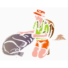 矢量卡通跪地背包戴帽子游客