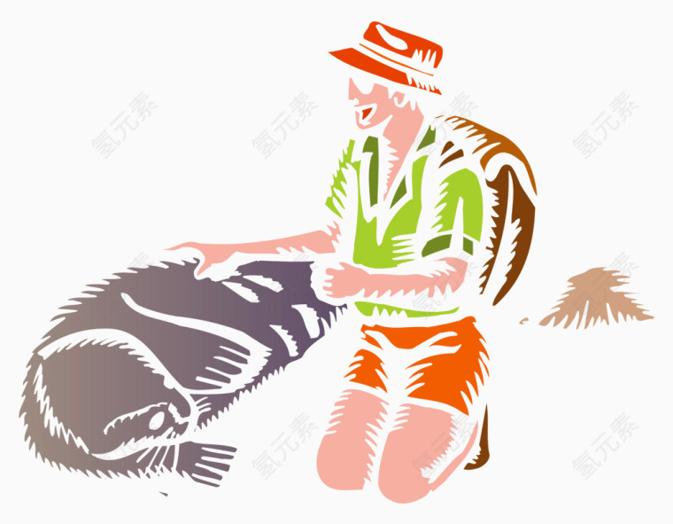 矢量卡通跪地背包戴帽子游客