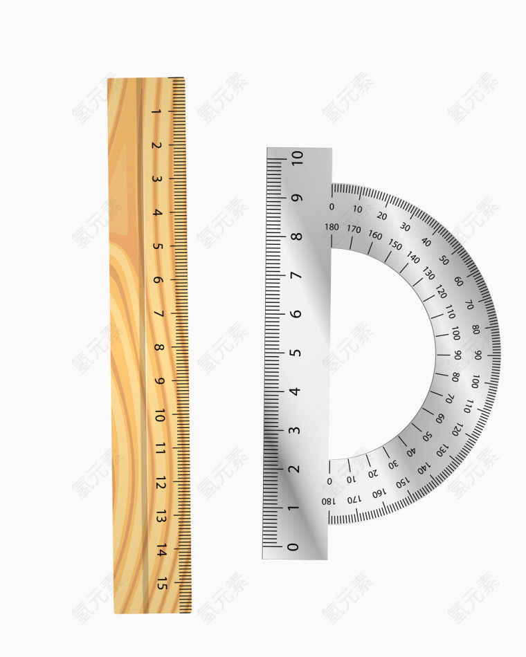 矢量黄色银色教学工具直尺圆尺