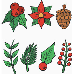 黑色轮廓冬季圣诞花草组合