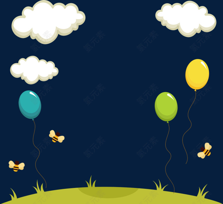 草地气球蜜蜂白云边框矢量图