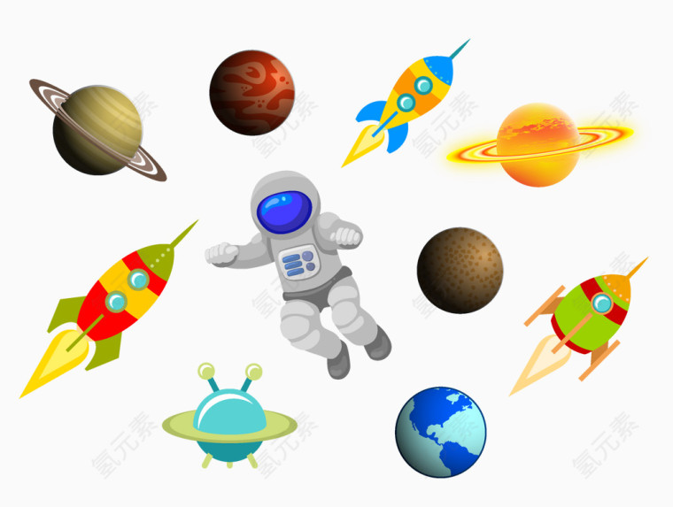 卡通立体太空科技相关元素矢量图