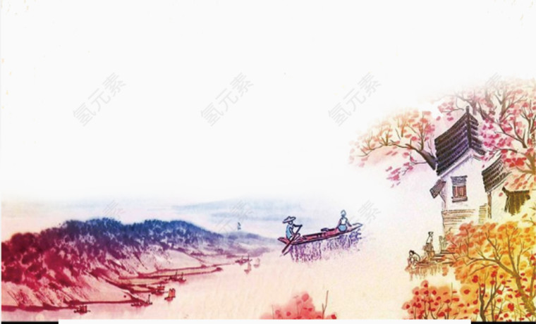 水墨画  渔船人家   意境背景