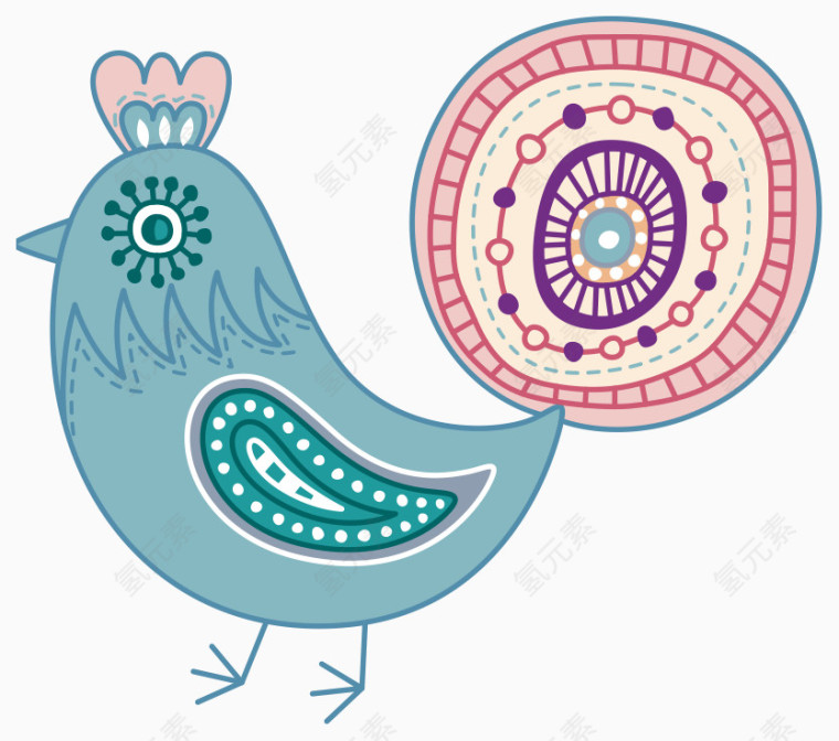 矢量手绘花卉系列公鸡蓝色