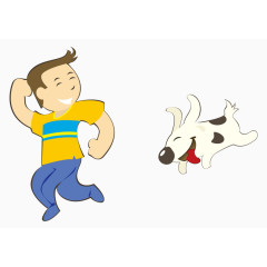 卡通手绘男孩和狗嬉戏追逐