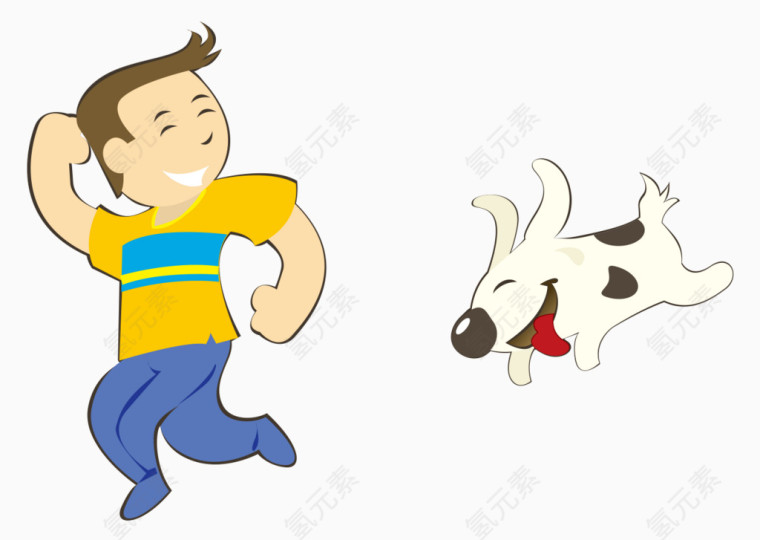 卡通手绘男孩和狗嬉戏追逐